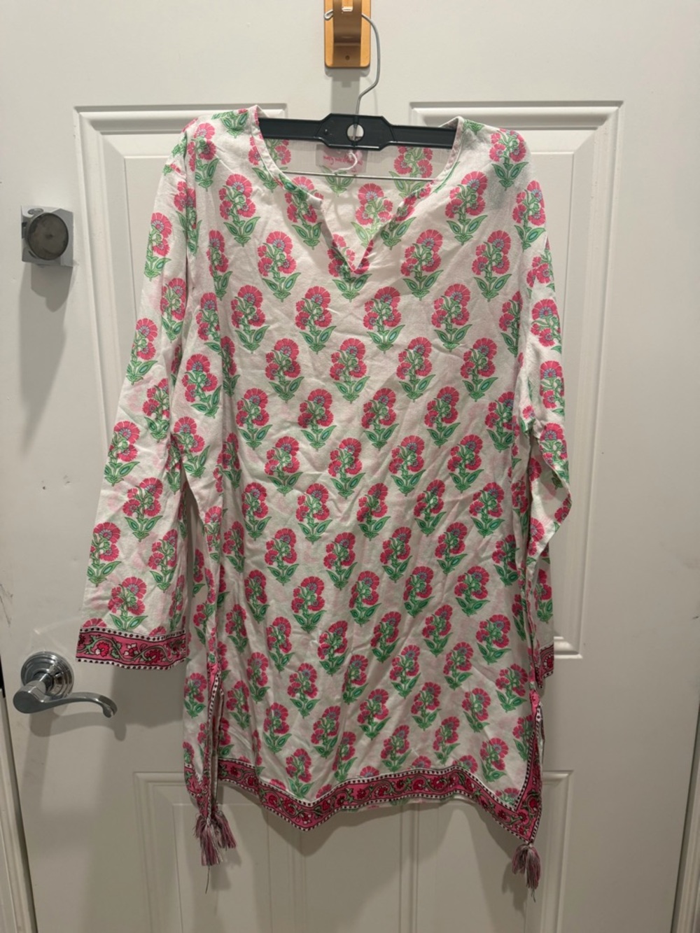 Mary Marshmallow pink and green floral fine cotton tunic. One size